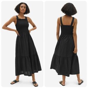 Everlane Smocked Bodice Sleeveless Tiered 100% Cotton Midi Dress in Black | 2